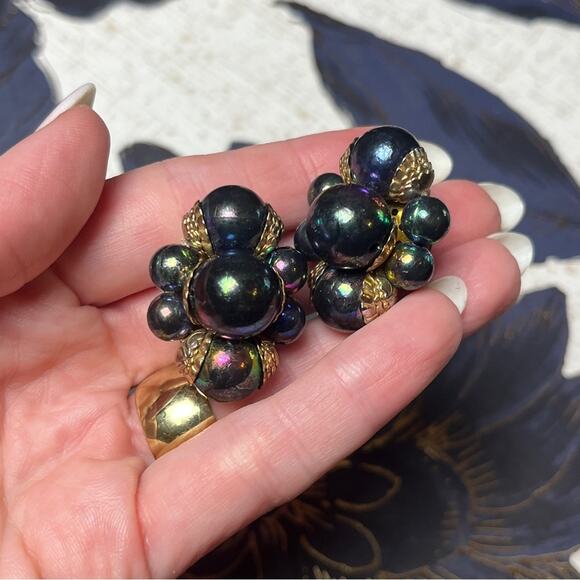 Vintage 80s Gold Purple & Green CHROME Bead Cluster Large Oversized Earrings D1 - Picture 6 of 8